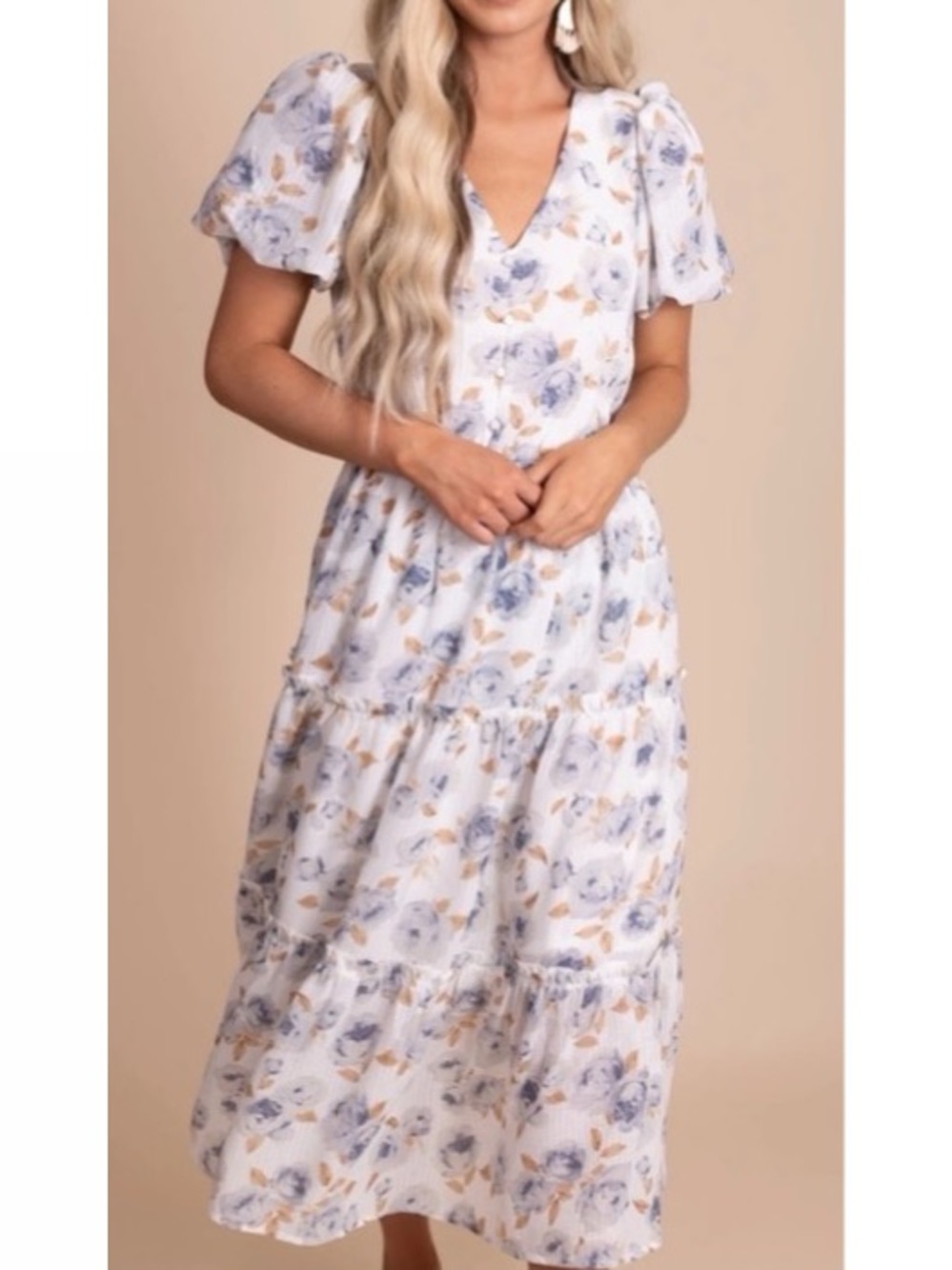 Moon River Milkmaid Midi Dress White Blue Floral Tiered Hem Puff Sleeve M